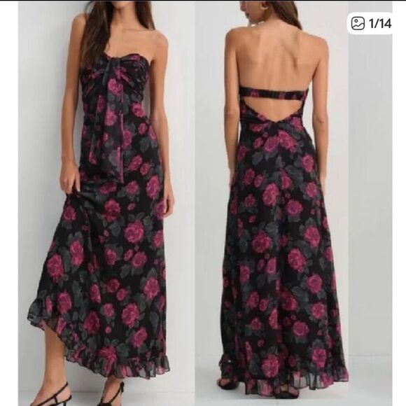 For Love & Lemons Teagan Halter Floral Maxi Dress Black Pink S Elegant Garden - Picture 5 of 13